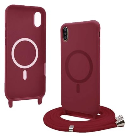 Bigcousin Handykette für iPhone XR Hülle mit Band,Magnetisch kompatibel mit Magsafe,Silikon Necklace Handyhülle mit verstellbar und abnehmbar,Rot