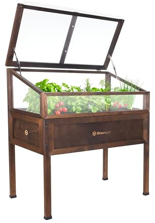 Greenspot - Hochbeet Balkon mit Haube - Hochbeet mit Frühbeetaufsatz - 110x55x120cm - aus Holz - Terrasse Minigewächshaus, Frühbeetkasten mit Deckel, Kräuterbeet - Vintage Palisanderbraun Dunkel | Hochbeet mit 150–180 L Erdvolumen und klappbarem Polycarbonat-Deckel, ergonomische Arbeitshöhe für Balkon und Terrasse
