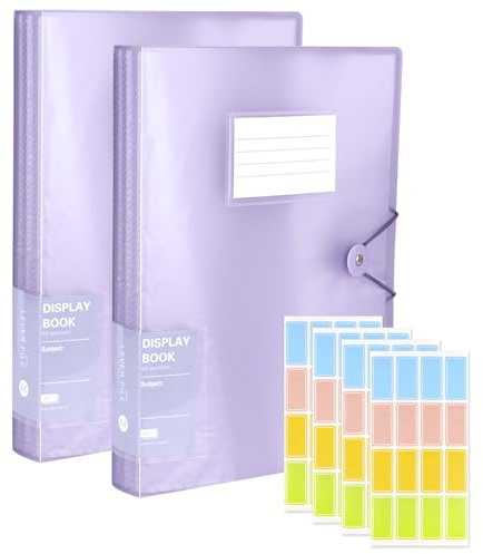 2 Pcs A4 Display Folders,120 Pockets Display Book Folder with Plastic Sleeves Safety Rope, Presentation Folders for Documents, School, Office & Business Project (Purple)