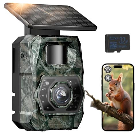 MAXDONE Cámara De Caza Solar WiFi,48MP 1296P Camara Fototrampeo con Envio Al Movil & Batería De Litio Recargable De 5200 mAh,Visión Nocturna Camara De Fototrampeo con Sim 32 GB Preinstalado