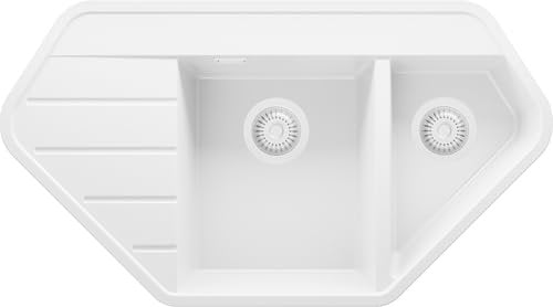 PRIMAGRAN Lavello Angolare Bianco 90x50cm, Lavandino da Cucina a 1,5 vasche + Sifone Classico, Lavabo da Cucina Incasso al mobile 80cm - Copenhagen Corner