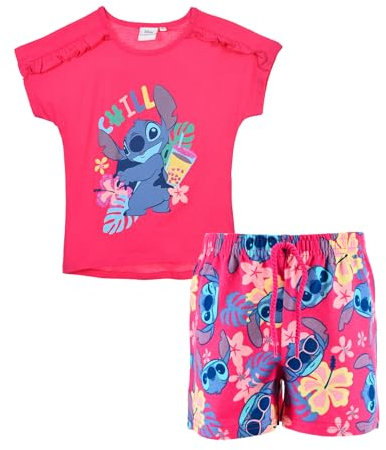 Disney Stitch Pyjama pour Fille, Ensemble 2 Pièces 'Chill' Conception T-Shirt et Short, Taille 3 Ans | Rose