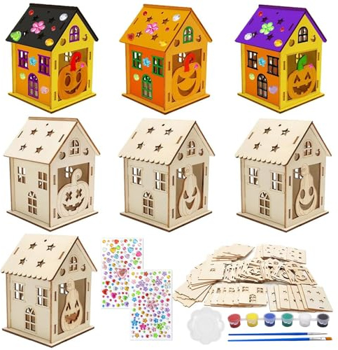 JOKILY 7 Stück Halloween Kürbis Haus Bastelset, Kürbishaus Bastelset, Halloween Haus Kreativsets zum Bemalen und Basteln, DIY Holz Kürbishaus Halloween Party Geschenke für Mädchen Jungen