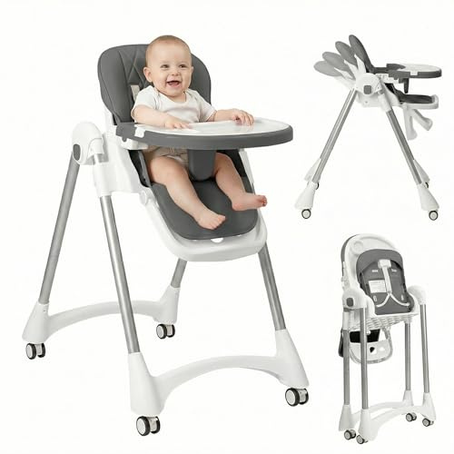 Hochstuhl Baby, Kinderhochstuhl mit 5-Punkt-Sicherheitsgurt, Höhenverstellbar Babystuhl, 4-fach verstellbare Rückenlehne Kombihochstuhl, verstellbarer Fußstütze, einstellbarer Tisch, Klappbar, Grau