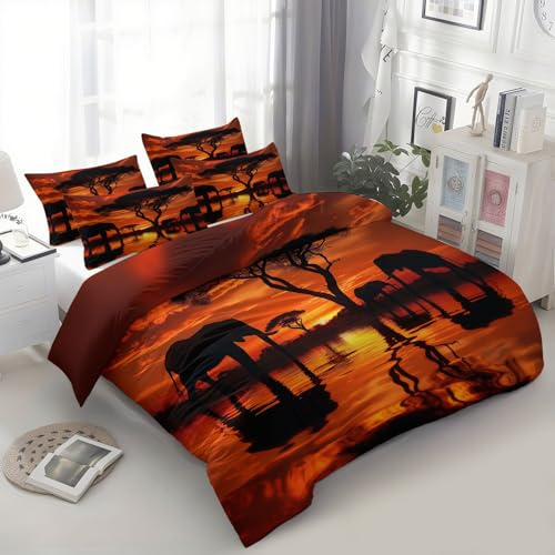 Quixora Bettwäsche-Set, Savanne Elefant Sonnenuntergang Afrika Bettwäsche-Set für Jungen und Mädchen, Modernes Bettdecken-Set mit 2 Kissenbezügen- Raumdekoration- 3-teilig