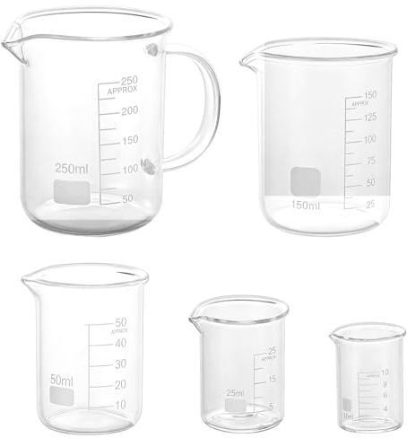 WENLISELL 5 Pack Glass Measuring Cups with Spout Small Glass Measuring Jugs | Measurement Markings, Glass Beakers, 10ml/25ml/50ml/150ml/250ml, For Home, Office and Laboratory Use