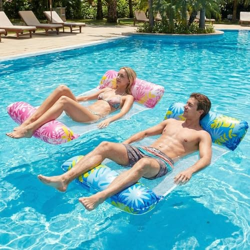 Touosy 2 Pièces Premium Hamac Piscine Gonflable, 4-en-1 Hamac de Transat Gonflable Élégant, Accessoire Piscine Durable pour Adultes, Pliable Portable pour Plage 2 Couleurs (Rose, Bleu Feuillage)