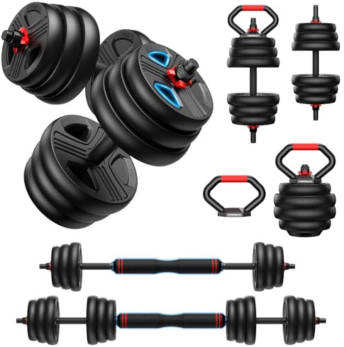 FEIERDUN 10/15/20/25/30/40KG 5-i-1 Justerbar Hantlar, Set om 2 | Hemmagym Viktset Skivstång, Kettlebell och Armhävningsställ för Helkroppsträning, Styrketräning för Män och Kvinnor