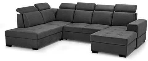 MW EURO-MEBLE Ecksofa Axel U - Wohnlandschaft, Polstersofa, Polstercouch (Rechte Seite - Dunkelgrau: Voss 18)