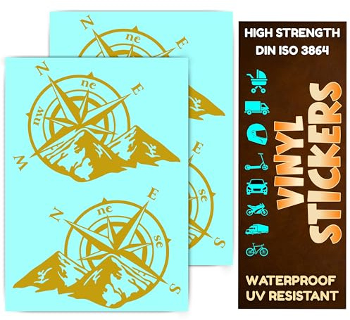 DIN 3864 Vinyl Sticker Kompass Off Road Windrose Wohnmobil Folie Motorrad Aufkleber Roller Scooter Helm Auto US Army Tank Geländewagen Fahrzeuge Motorradkoffer (Gold, A4-Set-4)