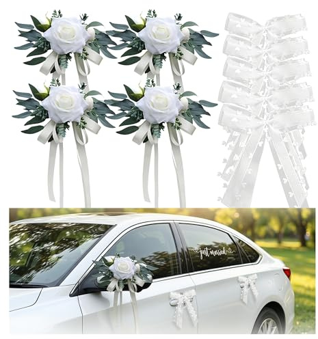 ThaiRoot Autoschmuck Kit complet de mariage - 4 roses en soie avec ventouse, 10 nœuds d'antenne (prêts à l'emploi) et autocollant Just Married pour voiture de mariage et corso de mariage