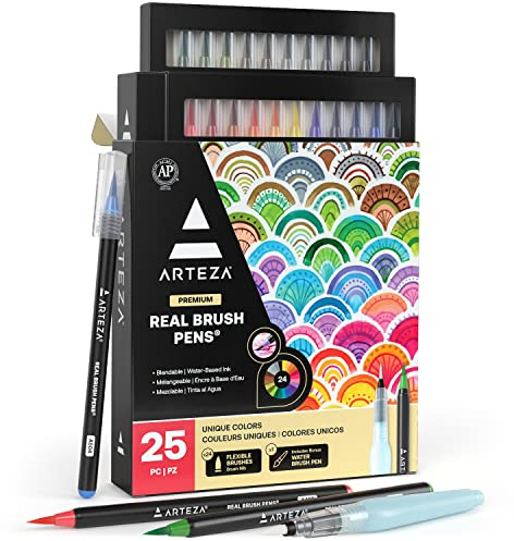 ARTEZA 24 Real Brush Pens with Flexible Nylon Tips, Paint Markers for Colouring, Calligraphy and Drawing with Water Brush for Artists and Beginners