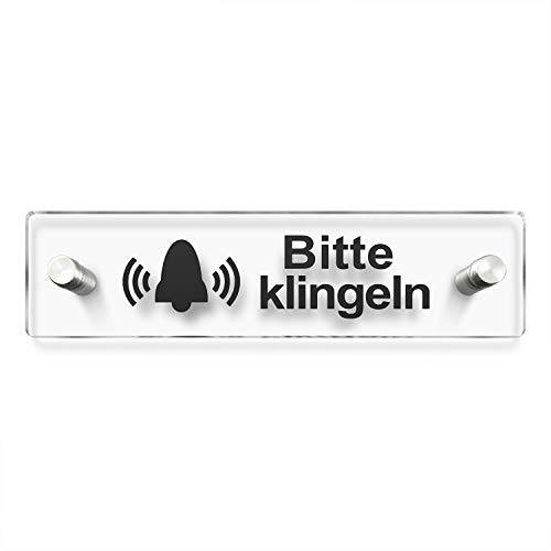 Türschilder24 Wandschild/Türschild • Bitte klingeln - klingel Schild • 200 x 50mm. Schild besteht aus hochtransparentem 3mm Acrylglas. Inkl. 2 x Abstandshalter aus V2A Edelstahl