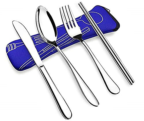 Porta posate da viaggio astuccio senza posate in stoffa colore blu custodia compatta per viaggiare campeggio picnic regalo utile natale compleanno festa