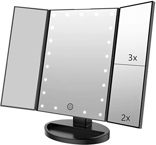 LED Miroir de Maquillage,HOMI Miroir de Bureau Lumineux à LED de Magnification 1X / 2X / 3X Batterie et Charge USB Rotation de 180 Degrés Libre Réglable (Noir)