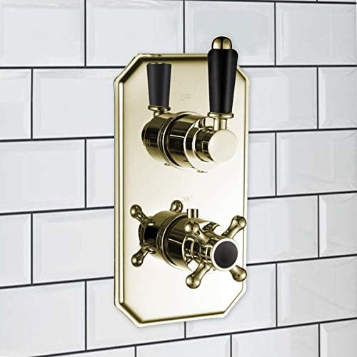ENKI, Regent, TSV040, Black Gold Twin Concealed Thermostatic Mixer Tap Shower Outle Valve for Bathrooms, Traditional Victorian Style