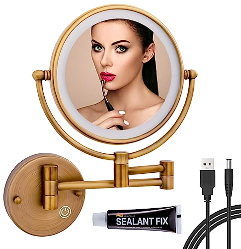 RECKODOR Laiton Miroir Maquillage Mural, Rechargeable Miroir Grossissant Lumineux LED Mural 1X/5X, Miroir Cosmétique Courtoisie, Interrupteur Tactile Luminosité Réglable (Antique Laiton)