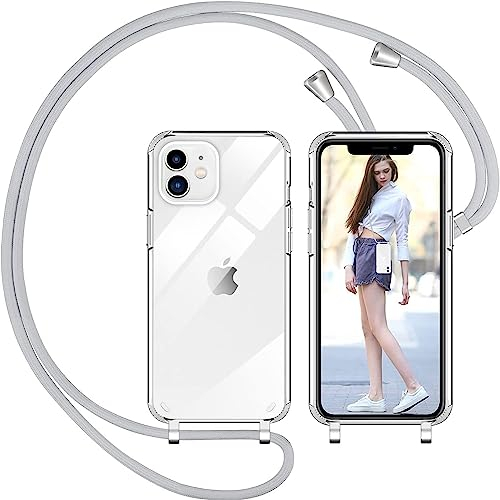 Nupcknn Handykette für iPhone 12/12 Pro Hülle mit Band,Ultra Dünn Transparent Handyhülle (Abnehmbar) Necklace mit Kordel zum Umhängen Kameraschutz Handy Kette Stossfest Schutzhülle (Hellgrau, 6.1)