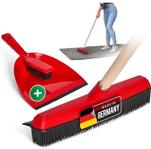Novaliv Gummibesen Set mit Stiel & Kehrgarnitur I rot I Holzstiel I Noppenbesen Set Gummibesen Set Kehrset Gummi Handkehrset