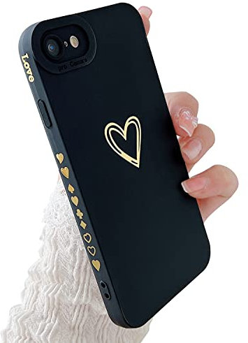 LRANKAI Compatible with iPhone 6/6S Case for Women Girl,Cute Plated Love Heart with Full Camera Lens Protection Case Soft Silicone TPU Anti-Scratch Protective Cover for iPhone 6/6S 4.7″-Black