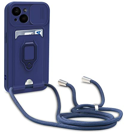 yanasuo Schiebe Kameraschutz Silikon Handykette Hülle kompatibel mit iPhone 14, Metall Ring Halter Handy Cover,Verstellbarer Halskette Handyhülle-Blau