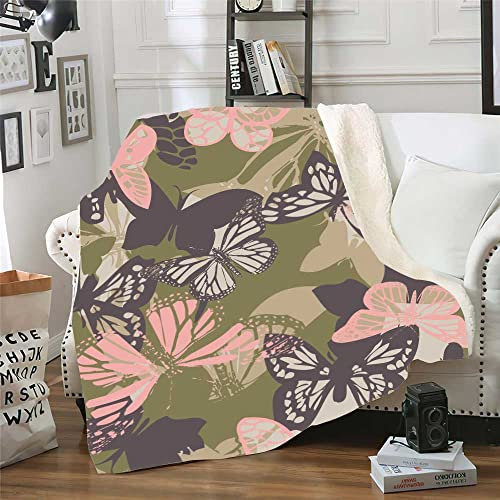 Plaid Papillon Rose Vert Plaid Canape Flanelle et Laine Agneau Couverture Conception Recto-Verso Plaid Polaire Mou Jeté de Canapé Epaissir Plaid Canapé 150x180cm