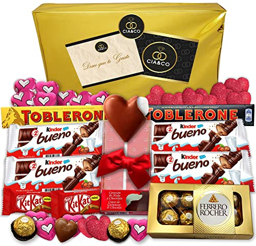 Lote Corazón: Regalo Dulce con Bombones Ferrero Rocher, Corazones de Chocolate, Kinder Bueno y Más – Ideal para Mostrar Amor y Cariño, envuelto para regalo, y con Tarjeta Personalizable