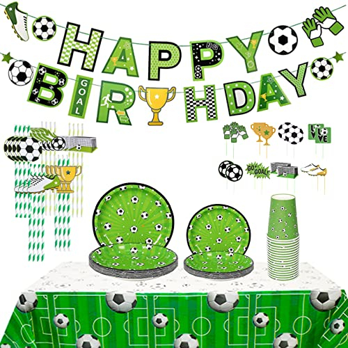 Feelhap Vajilla de Fiesta 86 Pcs,Futbol Vajilla Cumpleaños Vajilla para Fiesta de Fútbol Incluye Platos Vasos Tarjetas de Pastel Mantel Pancarta