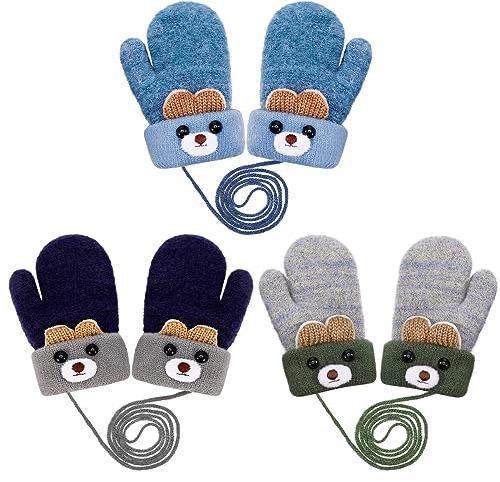 Firtink 3 Paare Baby Winter Handschuhe,Unisex Baby Fäustlinge Baby Kleinkind Gestrickte Handschuhe Cartoon Fausthandschuh Warme Fäustlinge für Baby 0-3 Jahre(One Size Blau)