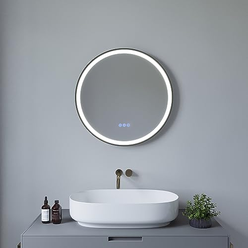 AQUABATOS Runder Spiegel mit Beleuchtung Schwarz Rahmen 60 cm Antibeschlag Beschlagfrei Rundspiegel Touch Schalter Dimmbar für Wandschalter LED Licht Warmweiß Neutralweiß Kaltweiß einstellbar