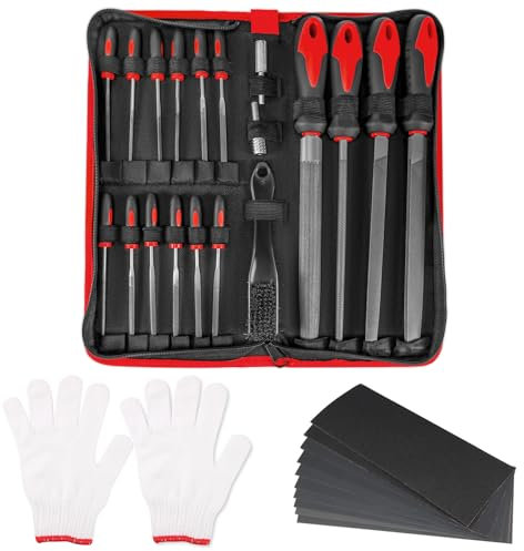 Dedjgoo 31PCS Metal File Set with Case,4PCS Carbon Steel Flat, Half-Round, Round and Triangle Metal&Wood File,14PCS Needle File Set,2PCS Electric Files,10PCS Sandpaper,1PC Brush and Working Gloves