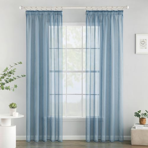 Woaboy Gardinen mit Kräuselband Voile Vorhänge Wohnzimmer Transparent Sheer Curtains Stores Gardine Schlafzimmer Modern Schlaufengardinen 2er Set 140x260cm (BxH) Navy Blau