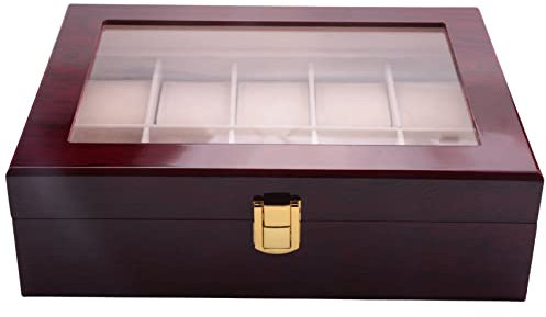 Bureau Boîte de rangement de luxe en bois pour montres avec dessus en verre - Boîte de rangement à 10 compartiments