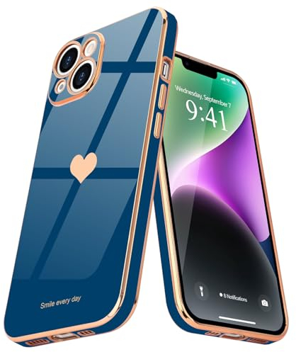 Teageo for iPhone 14 Case Cute Heart Pattern for Women Girls Slim Luxury Bling Plating Soft TPU Anti-Scratch Shockproof Bumper Phone Case for iPhone 14, Royal Blue