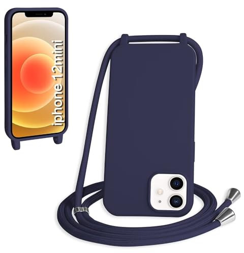 SLWYF Compatible with iPhone 12 Mini Crossbody Lanyard Case, Liquid Silicone Protective Phone Case with Strap Adjustable Neck Cord Necklace Soft Cover for iPhone 12 Mini, Navy blue