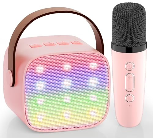 Karaoke Machine Kids, Newest Wowstar 4 in 1 Karaoke Machine Bluetooth Speaker with Wireless Microphone for Kid Adult, Voice Changer with LED Party Lights Toy Gift for Girl Boy Birthday Children(Pink)