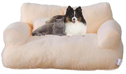 LinZong Pet Sofa,Plush Sofa Bed for Dogs Cats,Fluffy Plush Pet Sofa for Medium Small Dogs&Cats,Memory Foam Removable Washable Puppy Sleeping Bed (M, Beige)