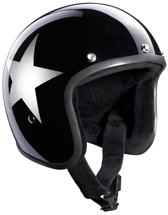 BANDIT Jethelm Star Black Glänzend Custom Biker Style Visier inklusive Black Gloss Star Open Helmet Starb (L)