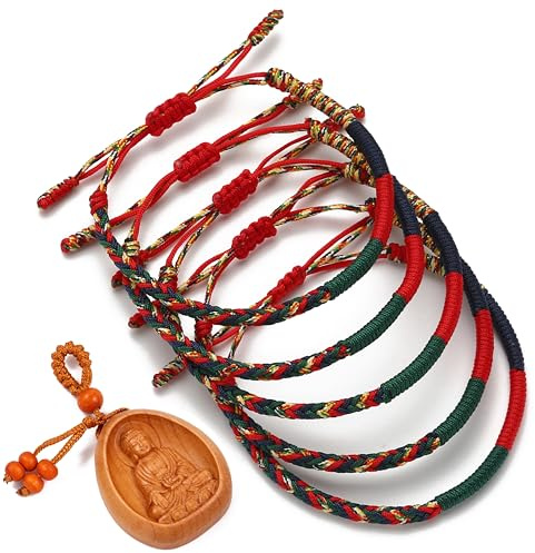 LUCKY BUDDHIST - 5 tibetische Glücksarmbänder + buddhistisches Geschenk! - Handgemacht. Anpassbar an Ihr Handgelenk. Für Männer und Frauen. Freundschaftsarmbänder aus geflochtenem Stoff
