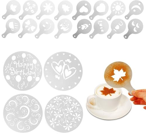 LEEQ Set de Geburtstag Dekorieren Schablone - 20 pcs Kaffee Schablonen, Schablone Mehlstreuer, Kuchen Blumenspray Schablonen, Arten Blume Herz Spray Schablonen, Kuchendekoschablonen