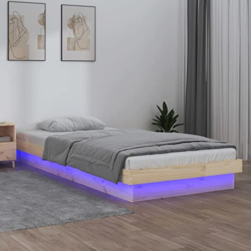 Festnight Bett 90x200 cm mit LED Beleuchtung Holzbett Natur Massivholzbett Bettrahmen Holz Jugendbett Bettgestell mit Lattenrost Einzelbett Doppelbett