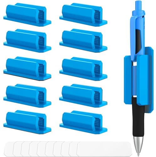 GBTUPOKW 10 Pack Self Adhesive Pen Holder Clip Wall Mounted Pen Holde Silicone Pen Holder for Desk or Any Surface Office Desk Accessories and Teacher Supplies (BLUE)