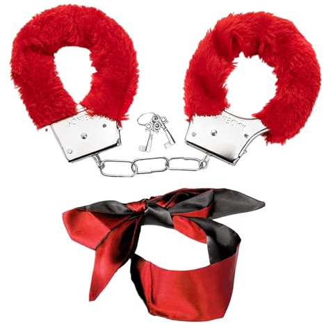 1 paire de menottes pelucheuses, 1 bandeau en soie, ensemble de jouets de jeu de rôle pour adultes, accessoires de déguisement pour les fêtes, jeux de rôle, à la maison et en voyage (rouge)