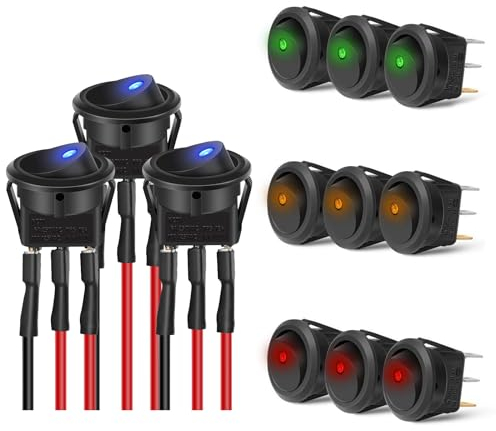 Chelhead 12 Stück Runde Schalter 12V Ein/Aus Wippschalter 3-Pin Vorverkabelt 6A 250VAC 10A 125VAC Wasserdichter LED Drucktastenschalter, für Haus, Auto, LKW