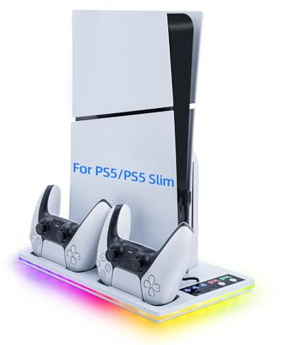 Mcbazel PS5/Slim/Pro Cooling Station with Dual Controller Charging Station for Playsation 5 Disc/Digital Console, PS5/Slim/Pro Cooling Stand with RGB Light, Playsation 5 Accessories