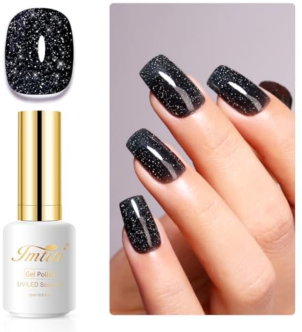 Imtiti Glitzer UV Nagellack, 15ML Schwarz Glitter Gel Nail Polish Soak Off Led UV Diamant Schimmer DIY Nail Starter Maniküre