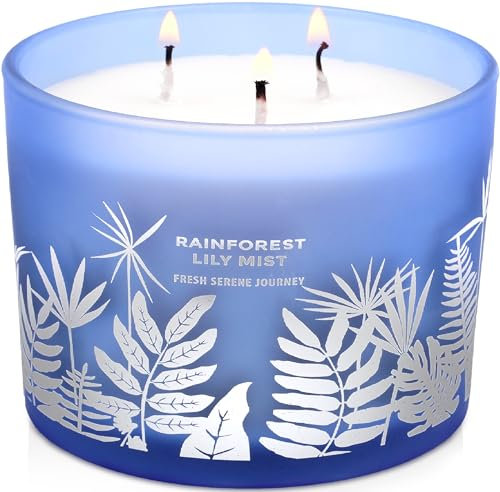 Rainforest Lily Mist 3 Wick Candle | Decorative Candle for Home Decor, Scented Soy Candle, Rainwater Lily Candle, Aromatherapy Scented Candle for Women and Men 14.5 oz Large Glass Jar Candle Gift