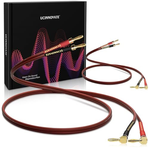 UCINNOVATE 2 Pack 14 AWG Copper Speaker Wire with Banana Plugs, 2X 2m HiFi OFC Speaker Cable with Gold-Plated Right Angle Banana Plugs, Audio Cable Speaker Cord for Audiophile Sound Amp (2m / 6.5FT)