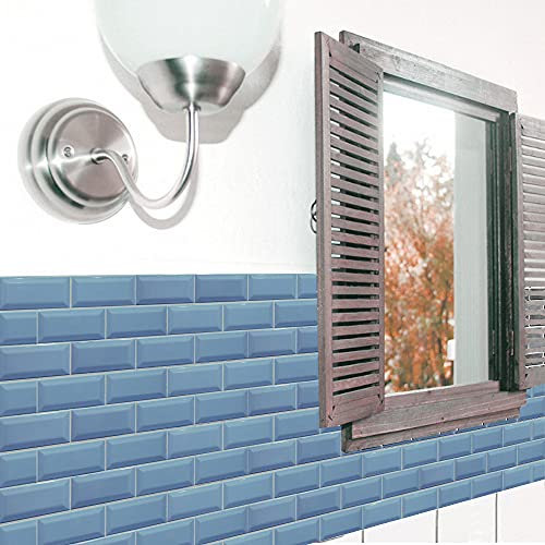Lukery 12/24/48 Pezzi Piastrelle Adesive Cucina, Pavimento PVC Adesivo Staccare e Attaccare, Mattoni in Tinta Unita Piastrelle Adesive Bagno, Piastrelle Adesive, 20x10cm (24 Pezzi,Blu)