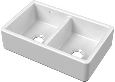 Balterley 795mm Butler White Kitchen Sink, Double Bowl Stepped Weir with Overflow Hole, Thick Edge Durable Butler Fireclay Ceramic Kitchen Sink Bowl, Apron Front Sinks - 795 x 500 x 220mm (White)